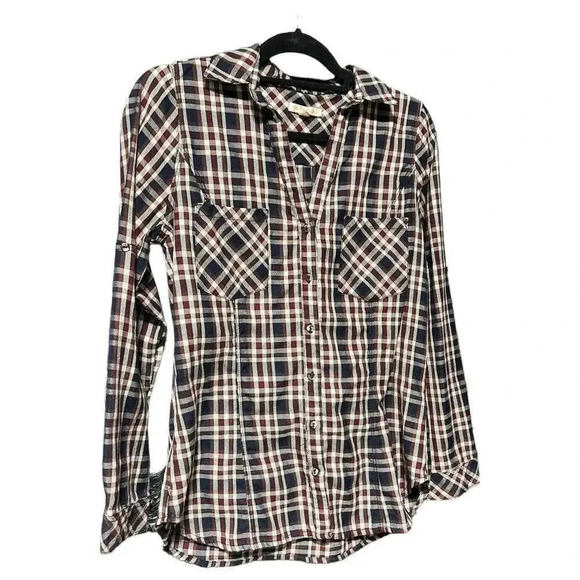 Skies Are Blue Women's V-Neck Maroon Navy Plaid Shirt Roll Tab Sleeve Size M - Picture 1 of 11